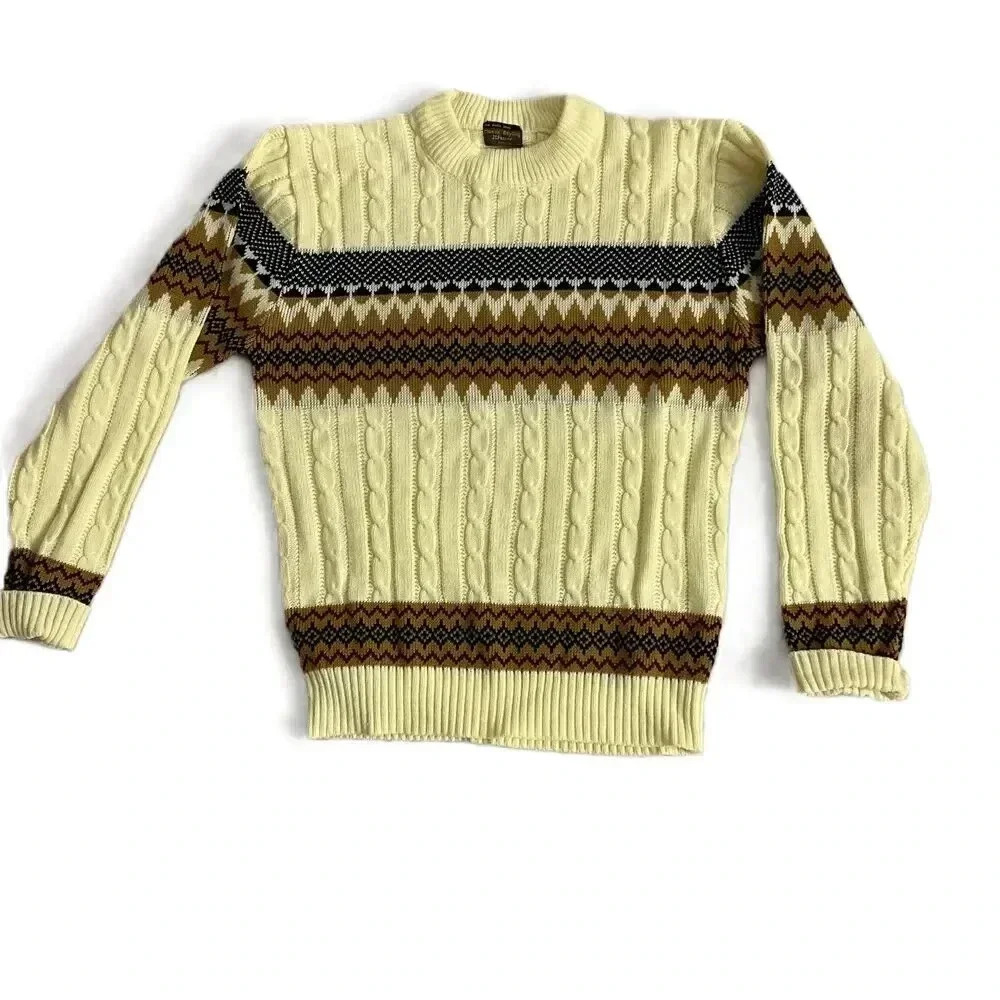 Vintage JCPenney Cream Cable Knit Crewneck Sweater Medium‎ Pullover Patterned
